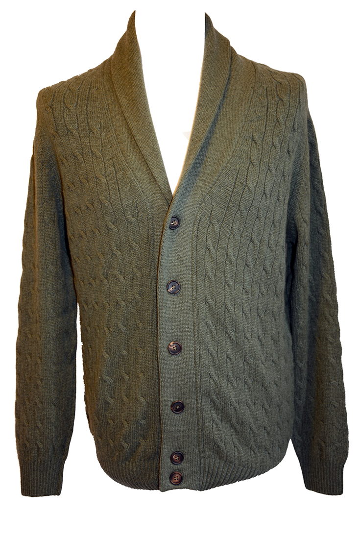 Johnstons mens cashmere cable and rib shawl collar cardigan in loden